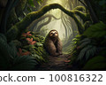 Smiling cute sloth sitting under a branch in the rain forest, illustration 100816322