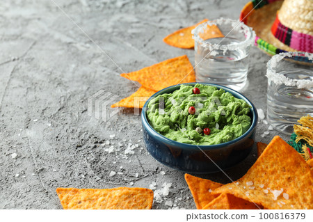 Concept of Mexico food, Tortilla and tequila, space for text 100816379