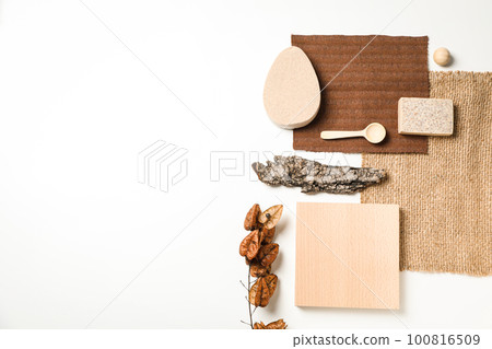 Flat lay of creative moodboard composition, space for text 100816509