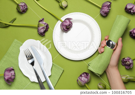 Concept of spring season table setting, space for text Concept of spring season table setting, space for text 100816705