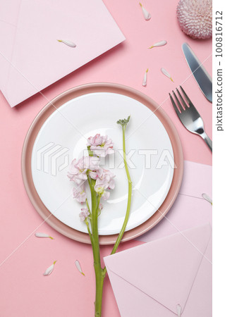 Concept of spring season table setting, top view Concept of spring season table setting, top view 100816712