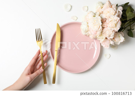 Concept of spring season table setting, space for text Concept of spring season table setting, space for text 100816713