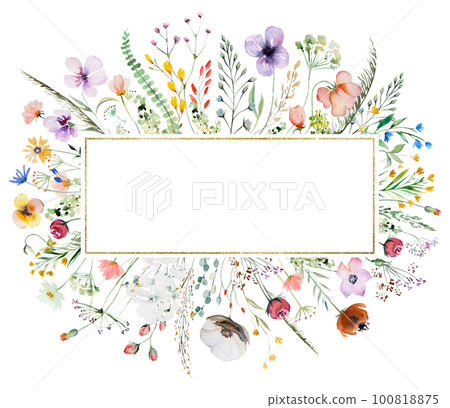 Frame with of watercolor wild flowers and leaves, summer wedding and greeting illustration Frame with of watercolor wild flowers and leaves, summer wedding and greeting illustration 100818875