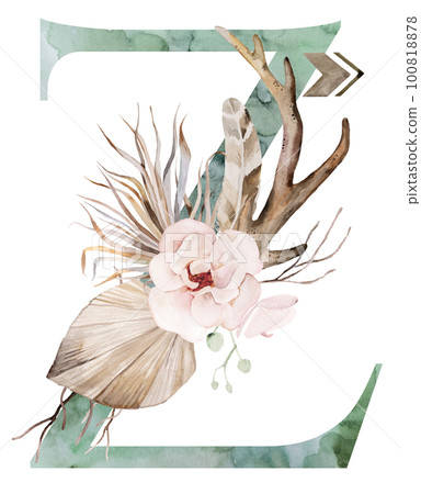 Watercolor green letter Z with antlers, dried leaves and tropical flowers bouquet, Boho illustration Watercolor green letter Z with antlers, dried leaves and tropical flowers bouquet, Boho illustration 100818878
