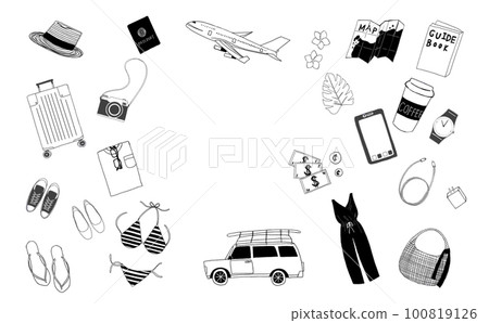 Cute travel set illustration monochrome 100819126