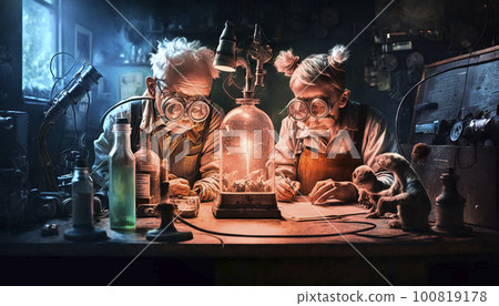 A very old couple of scientists tries to fathom the riddle of life and eternal youth in a cluttered laboratory, made with generative ai 100819178