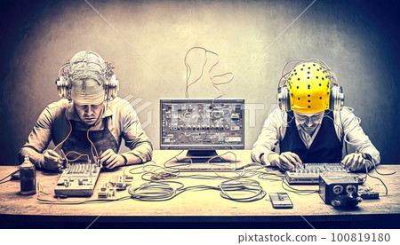 Two scientists in electronic helmets connect their brains via an electrical panel on the laboratory bench, made with generative ai 100819180