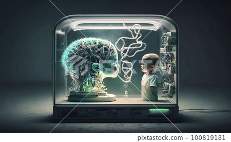 Glass dome with an artificial open electronic brain and the torso of a little boy absorbing the knowledge, made with generative ai 100819181