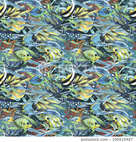 Coral reefs with algae, waves of water, fish, sea sponges, bubbles. Watercolor illustration. Seamless pattern on a dark background from the collection of TROPICAL FISH. For fabric wallpaper textiles. 100819487