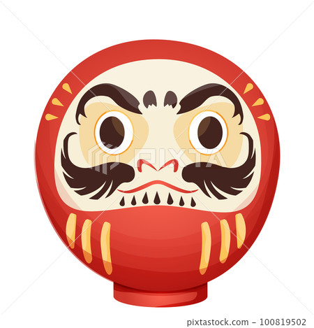 Daruma red traditional japan doll talisman with angry face, geld elements in cartoon style isolated on white background. 100819502