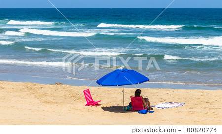 Beach Holiday Girl Umbrella Blue Ocean 100820773