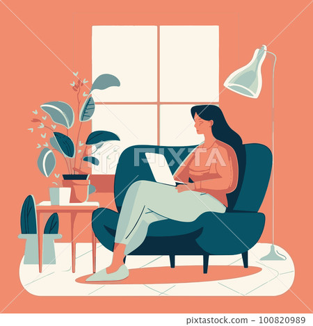 Woman working at home. Home office concept. Vector Illustration Woman working at home. Home office concept. Vector Illustration 100820989