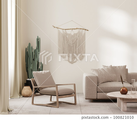 Boho style interior in earth tones, beige wall, armchair and sofa, decor and cactus, macrame on wall, 3d render 100821010