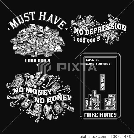 Set of monochrome money vintage labels with text on black background. Fantasy, creative, meaningful, fancy concepts. For prints, clothing, apparel, tattoo, t shirt, surface design Set of monochrome money vintage labels with text on black background. Fantasy, creative, meaningful, fancy concepts. For prints, clothing, apparel, tattoo, t shirt, surface design 100821428