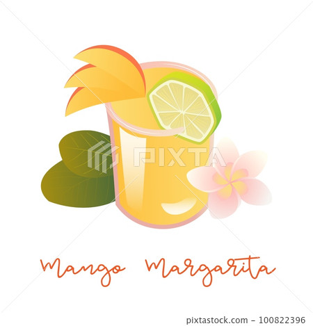 Mango margarita cocktail. Alcoholic tropical drink with mango slices. Vector illustration. 100822396
