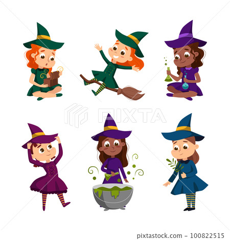 Happy Girl Witch in Dress and Pointed Hat Casting Spell Practising Witchcraft and Doing Magic Vector Set 100822515
