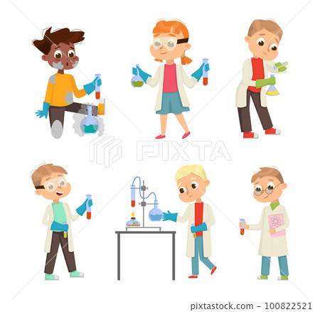 Funny Boy and Girl in Laboratory Coat Making Research with Chemicals in Glass Flask Vector Illustration Set 100822521