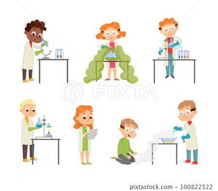 Funny Boy and Girl in Laboratory Coat Making Research with Chemicals in Glass Flask Vector Illustration Set Funny Boy and Girl in Laboratory Coat Making Research with Chemicals in Glass Flask Vector Illustration Set 100822522