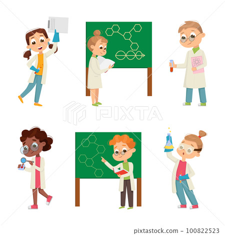 Funny Boy and Girl in Laboratory Coat Making Research with Chemicals in Glass Flask Vector Illustration Set Funny Boy and Girl in Laboratory Coat Making Research with Chemicals in Glass Flask Vector Illustration Set 100822523