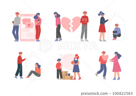 Teen Boy and Girl Experiencing First Love with Broken Heart and Knocking Glass Jar Vector Set 100822563
