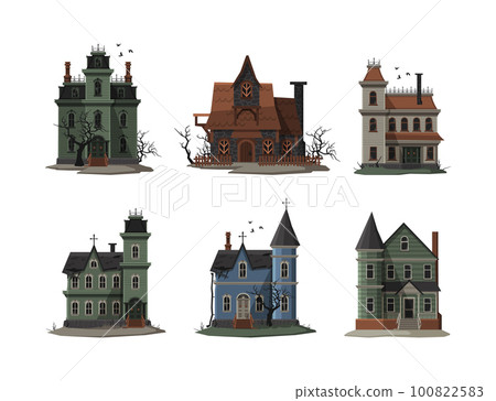 Abandoned House Facade with Open Empty Windows Vector Set 100822583