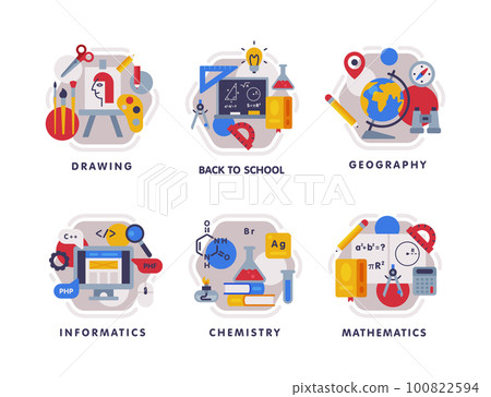 School Education Composition with Text Caption and Educational Objects Vector Set 100822594