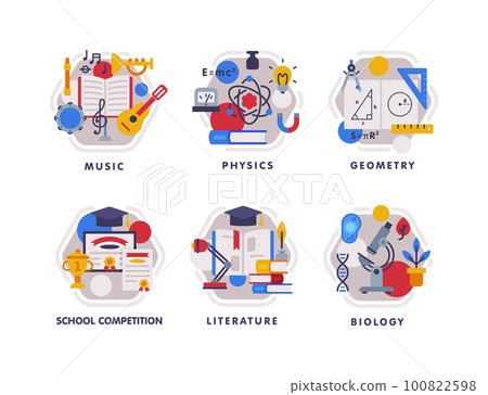 School Education Composition with Text Caption and Educational Objects Vector Set 100822598