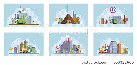 Heaps of waste, stray dogs waste pollution cityscape cartoon backdrop. Environment pollution problem Heaps of waste, stray dogs waste pollution cityscape cartoon backdrop. Environment pollution problem 100822600