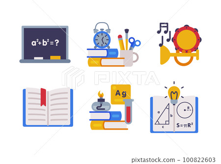 School Education Object with Chalkboard, Book, Musical Instrument and Copybook Vector Set School Education Object with Chalkboard, Book, Musical Instrument and Copybook Vector Set 100822603