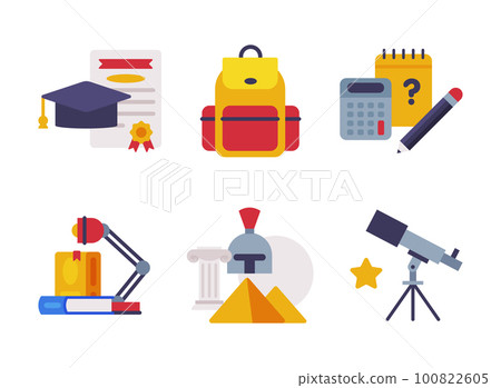 School Education Object with Graduation Hat, Backpack, Calculator, History Supply and Telescope Vector Set School Education Object with Graduation Hat, Backpack, Calculator, History Supply and Telescope Vector Set 100822605