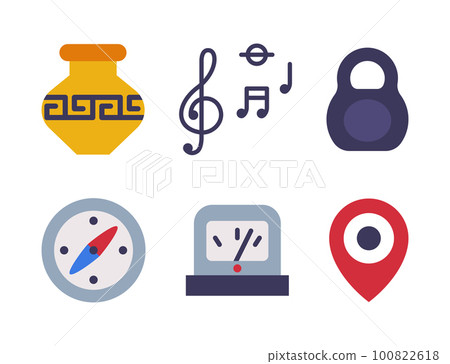School Education Object with Greek Vase, Kettlebell, Music Note, Compass and Navigation Point Vector Set 100822618