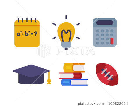 School Education Object with Graduation Hat, Lightbulb, Calculator, Books and Rugby Ball Vector Set School Education Object with Graduation Hat, Lightbulb, Calculator, Books and Rugby Ball Vector Set 100822634