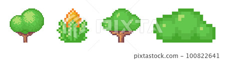 Green pixel trees in garden. Plants retro 8bit graphics for pc games and vector presentations Green pixel trees in garden. Plants retro 8bit graphics for pc games and vector presentations 100822641