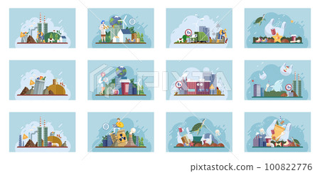 Heaps of waste, stray dogs waste pollution cityscape cartoon backdrop. Environment pollution problem Heaps of waste, stray dogs waste pollution cityscape cartoon backdrop. Environment pollution problem 100822776