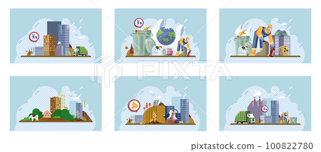 Heaps of waste, stray dogs waste pollution cityscape cartoon backdrop. Environment pollution problem Heaps of waste, stray dogs waste pollution cityscape cartoon backdrop. Environment pollution problem 100822780