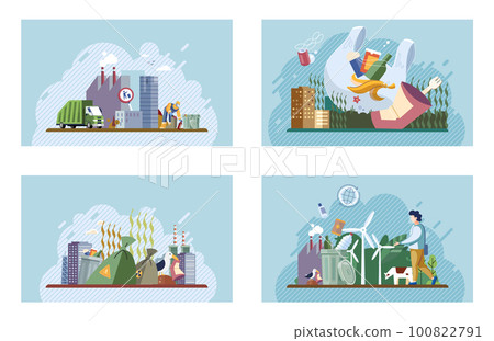Heaps of waste, stray dogs waste pollution cityscape cartoon backdrop. Environment pollution problem 100822791