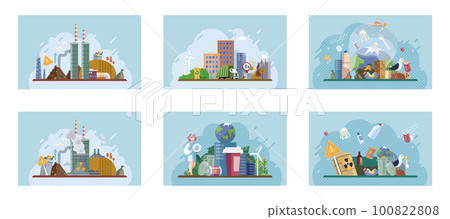 Heaps of waste, stray dogs waste pollution cityscape cartoon backdrop. Environment pollution problem Heaps of waste, stray dogs waste pollution cityscape cartoon backdrop. Environment pollution problem 100822808