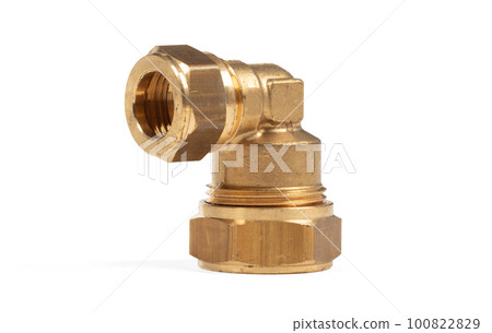 Brass fitting for plumbing pipes, connector for two different sizes, 90 degree angle 100822829