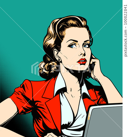 Woman with laptop talking on the phone. Business woman in comics or pop-art style working in the office. 100822841