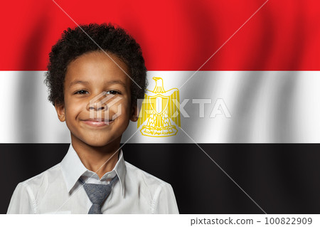 Egyptian kid boy on flag of Egypt background. Education and childhood concept Egyptian kid boy on flag of Egypt background. Education and childhood concept 100822909