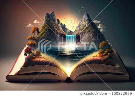 Open magical book with fantasy landscape over pages. Created with Generative AI Open magical book with fantasy landscape over pages. Created with Generative AI 100822959