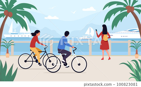 People walk, riding bike on sea quay People walk, riding bike on sea quay 100823081