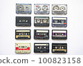 Collection of old audio cassette tapes isolated on white background, vintage music 100823158