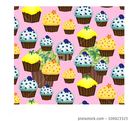 Birthday background. Seamless pattern with cupcakes and muffins. Cute cartoon characters, emoji. Kawaii cupcakes. Birthday background. Seamless pattern with cupcakes and muffins. Cute cartoon characters, emoji. Kawaii cupcakes. 100823325
