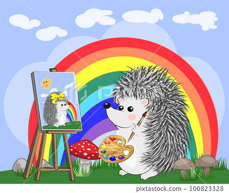 Artist paints a picture of landscape in the nature. Plein Air. illustration in a flat style Artist paints a picture of landscape in the nature. Plein Air. illustration in a flat style 100823328