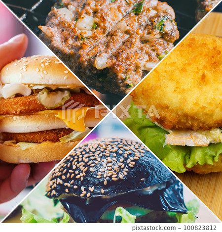 Assortment of burger delicacies, banner collage, square format, fast food 100823812