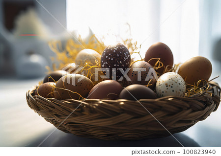 Festive Easter Basket with Brightly Colored Eggs against a Soft, Blurred Background 100823940