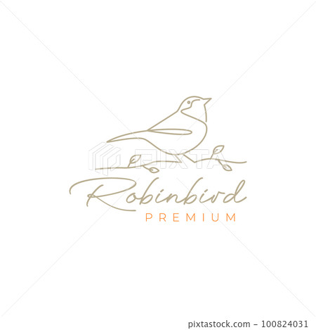 animal bird perched robin twig leaf tree feminine line art logo design vector 100824031