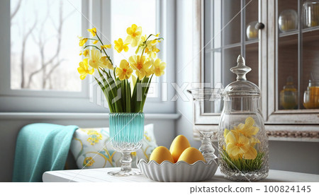Yellow daffodils in a glass vase, easter eggs in Home interior. Generative AI 100824145