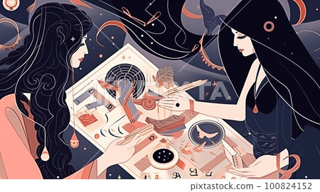 Witch woman using tarot cards for love spelling, witchcraft, divination and fortune telling. Magic illustration and alchemy.Generative AI 100824152